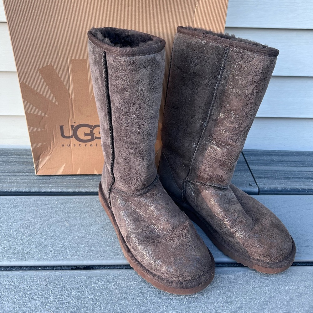 UGG Paisley Chocolate Tall Boots Size 6